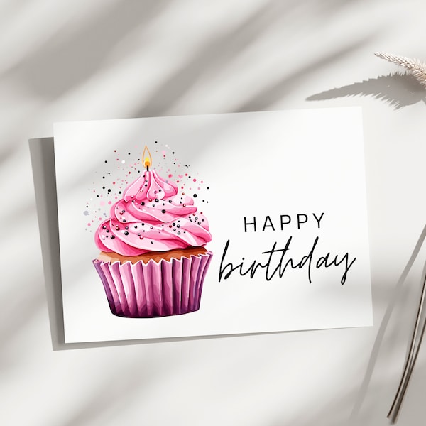 Printable birthday Card, Cupcake Card, watercolor cupcake birthday card, happy birthday card, Digital download birthday card, Digital Card