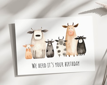 Printable Birthday Card, funny birthday card, herd it's your birthday, funny pun birthday card, cow birthday card, funny cow birthday card
