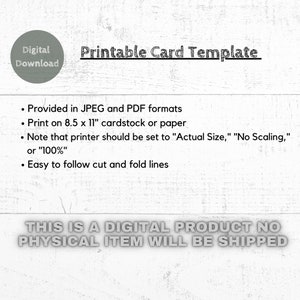 K&ouml;nnte beinhalten: Druckbare Kartenvorlage als digitaler Download in den Formaten JPEG und PDF. Drucken Sie auf 8,5 x 11 Zoll Karton oder Papier. Beachten Sie, dass der Drucker auf "Tats&auml;chliche Gr&ouml;&szlig;e", "Keine Skalierung" oder "100 %" eingestellt sein sollte. Einfache Schnitt- und Faltlinien. Dies ist ein digitales Produkt, es wird kein physischer Artikel versandt.
