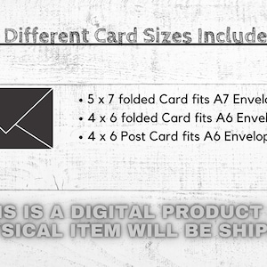 May include: A digital download of printable greeting cards in three different sizes: 5x7 inches, 4x6 inches, and 4x6 inches. The text on the image reads "3 Different Card Sizes Included" and "This is a digital product. No physical item will be shipped."