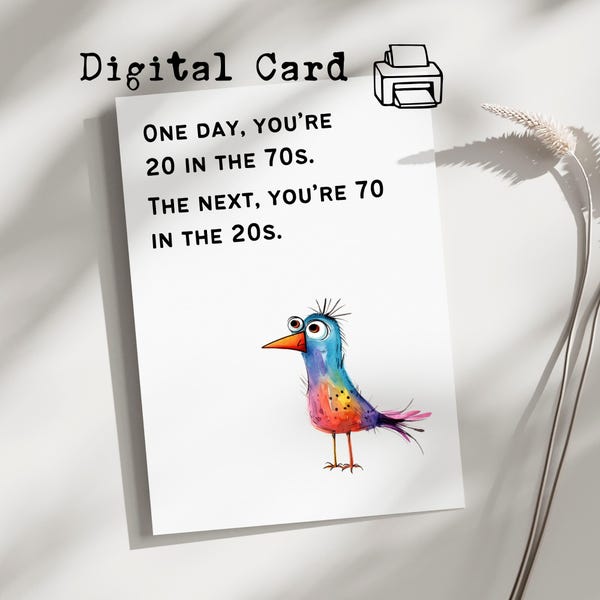 70e verjaardagskaart, grappige 70e verjaardagskaart, gelukkige 70e kaart, verjaardagskaart vogel, vogelliefhebber 70e afdrukbare verjaardagskaart, digitale 70e