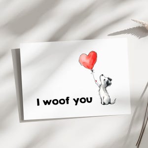 Lindo aniversario de perro, tarjeta del día de San Valentín para él, ella, esposa, esposo, tarjeta para pareja, lindo cachorro, tarjeta con globo de corazón rojo, tarjeta I woof you