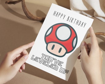 Printable Happy Birthday Card Level up Mushroom Card Printable card for gamers bros card mushroom card cute gamer birthday card