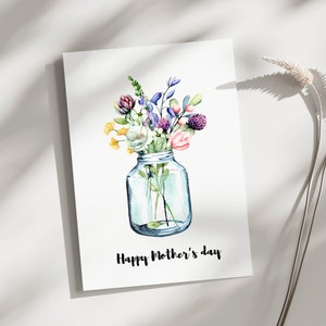 Tarjeta del día de la madre de flores, tarjeta floral del día de las madres, flores en tarro de albañil, tarjeta del día de las madres de flores, bonito diseño floral de garabato, mamá de flores