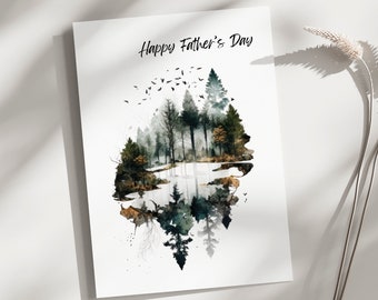 May include: A watercolor illustration of a forest scene with a lake reflecting the trees. The text "Happy Father's Day" is at the top of the card.