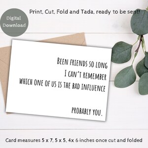May include: A white greeting card with the text "BEEN FRIENDS SO LONG I CAN'T REMEMBER WHICH ONE OF US IS THE BAD INFLUENCE PROBABLY YOU." The card measures 5 x 7, 5 x 5, and 4 x 6 inches once cut and folded. Includes a brown envelope.