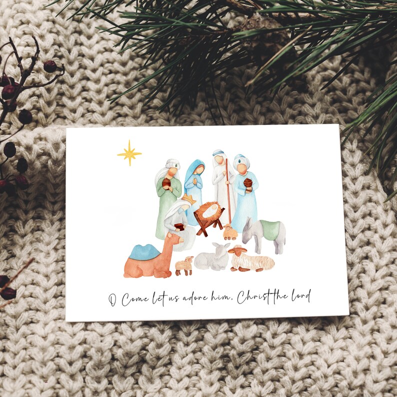 Printable Christmas Card, Nativity Scene, Watercolor Nativity