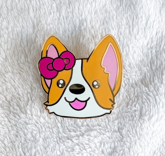 Corgi With Pink Bow Enamel Pin Cute Kawaii Gold