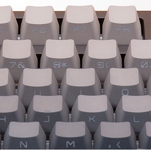 K&ouml;nnte beinhalten: Nahaufnahme einer Computertastatur mit hellgrauen Tastenkappen. Die Tasten sind in einem Rastermuster angeordnet, wobei verschiedene Symbole und Buchstaben sichtbar sind. Die Tastatur hat ein modernes, minimalistisches Design.