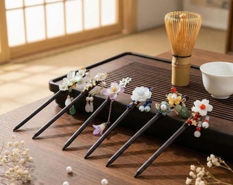 Fermaglio per capelli in legno con decorazioni floreali – Accessorio Hanfu per acconciatura in stile cinese