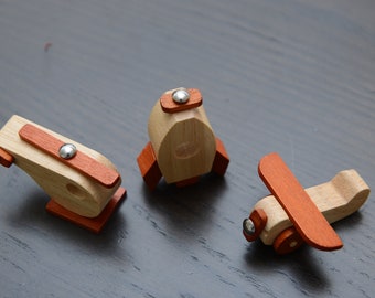 Set of 3 wooden toys airplane helicopter and rocket for kids
