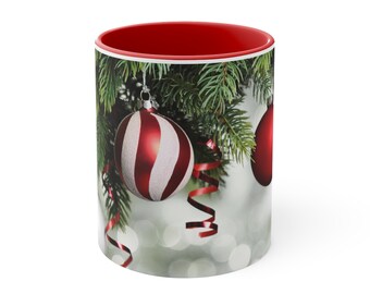 Christmas Tree Accent Coffee Mug, 11oz, Ornaments on tree, Christmas ornament, Red ornament