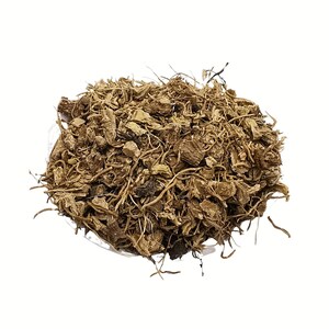 May include: A close-up of a pile of dried, chopped, and shredded brown plant material, possibly herbs or roots, against a white background. The pieces vary in size and texture, with visible roots and fibrous strands.