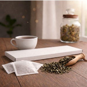 May include: A white teacup filled with tea sits on a wooden table alongside a white box, tea bags, and a wooden scoop filled with loose leaf tea. A glass jar with a wooden lid filled with tea is in the background.