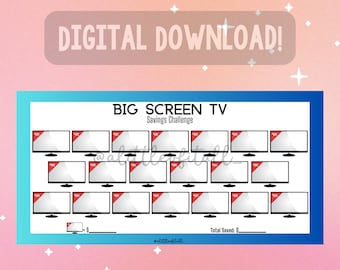 May include: A printable savings challenge tracker for a big screen TV. The tracker has 20 spaces for saving goals, each with a TV icon and a checkmark. The text "BIG SCREEN TV" and "Savings Challenge" is at the top of the tracker. The text "Total Saved: $___" is at the bottom of the tracker.