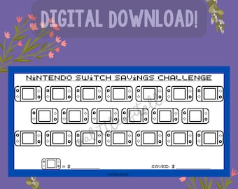 May include: A printable Nintendo Switch savings challenge tracker. The tracker features 30 spaces to fill in with a Nintendo Switch icon. There are spaces to write in the cost of the Switch and the total amount saved.