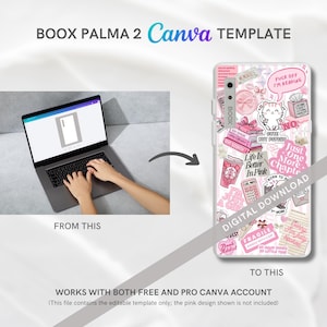 以下が含まれることがあります： Canvaテンプレートが表示されたラップトップと、ピンクのステッカーデザインの携帯電話ケースの画像。携帯電話ケースには「F*ck off I'm reading」の文字が書かれています。デジタルダウンロード。
