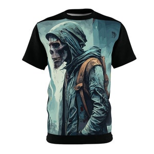 Zombie T-Shirt mit Kapuze - Ein unheimliches postapokalyptisches Stadtdesign, das die Essenz des eindringlichen Stils einfängt.
