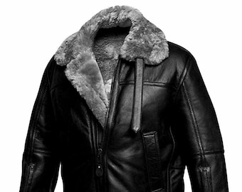 Mens Leather Fur Jacket, Bomber B3 Skin Pilot Flying RAF Aviator Coat, Handmade Genuine Leather Black Bomber Jacket, Shearling jackets