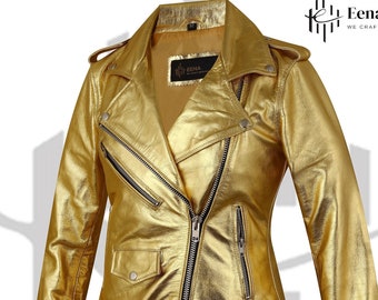 Handmade Golden Leather Biker Jacket: Metallic Punk Style UK