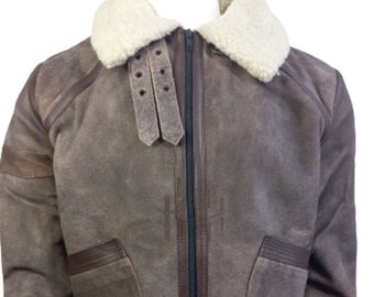 Herren Lammfelljacke, Kunstpelzkragen, luxuriös, warm und stilvoll, Herrenschaffell B-3-Bomberlederjacke