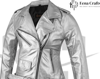 Women's Fashion Silver Cowhide Leather Biker Jacket - Handmade