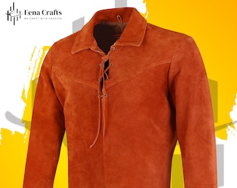 Herren Wildlederhemd Western Vollarm Stil | Kuh Cowboy Westernhemd |Klassische orange Wildlederjacke mit Kragen