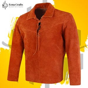 May include: A long-sleeved, rust-colored suede shirt with a lace-up front.