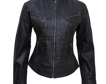 Handgefertigte Lammleder Bikerjacke: Gesteppte Motorradjacke für Damen
