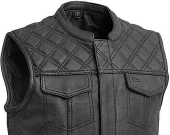 Handmade Men Hunt Club Leather Vest, Mens Motorcycle Diamond Quilted Leather Vest Black Leather Men vest, Biker vest, Motorbike leather vest