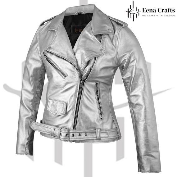 Women  biker leather jacket Real Cowhide Silver leather Jacket gifts for wife fashion jacket for girlfriend gift for Daughter Quality jacket