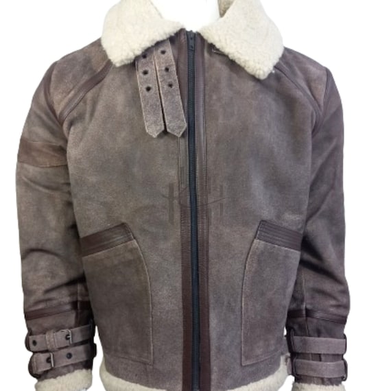 Mens Shearling Jacket, Faux Fur Collar, Luxurious Warm and Stylish, Men Sheepskin  B-3 Bomber Leather jacket