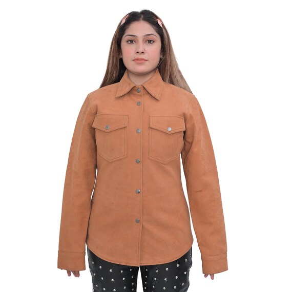 New Women's Brown Leather Shirt, Stylish Slim Fit Genuine Trucker for Ladies, Ladies Trucker Shirt, Genuine Nubuck Ladies Fashion