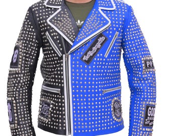 Herren Blau & Schwarz Nieten Leder Bikerjacke: Handgefertigtes Rindsleder