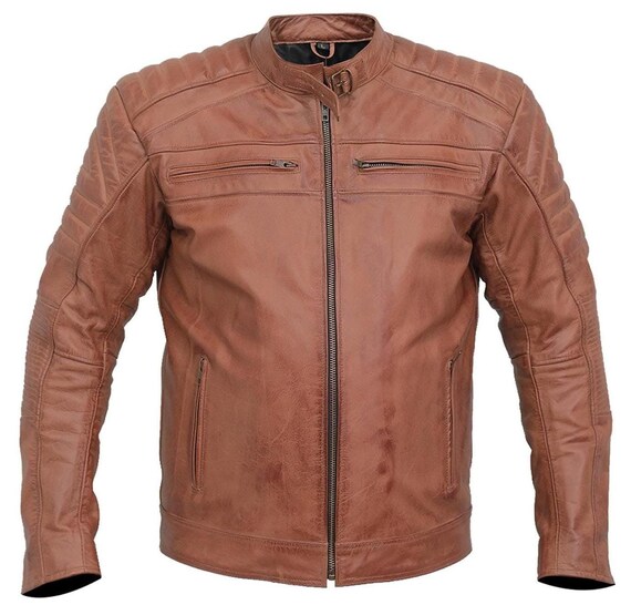 Men's Real Leather Slim Fit Motorcycle and Fashion Jacket Brown, Biker Jacket with Shoulder and Elbow Safety Protection Craft by Eenacrafts.