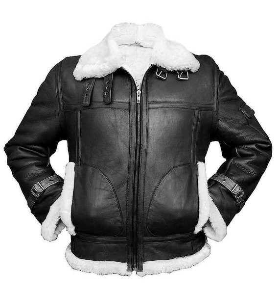 Men RAF Aviator Black Leather Jacket white faux Fur B3 Bomber Flying Coat Handmade Genuine Leather Aviator Flight Fur Brown Shearling Jacket