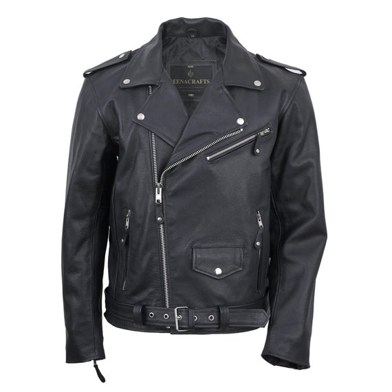 Mens Classic Biker Cow Hide Real Leather Jacket, Motorbike Leather Jacket, Original Zip Brando Style Motorcycle Fashion Jacket, gift for him