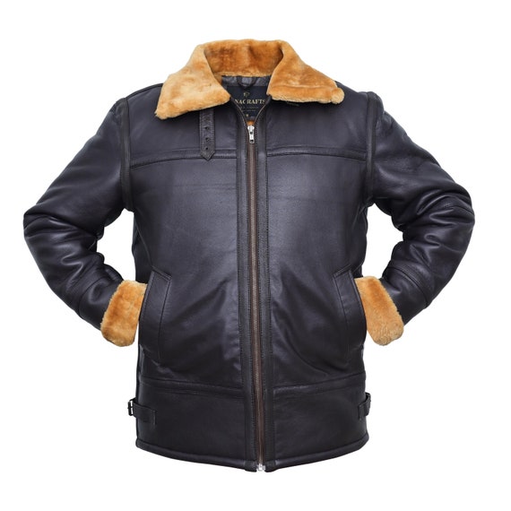 Mens Brown Leather Shearling B3 Aviator Jacket- Genuine Leather Winter Bomber with Two Zip Pockets, Popular RAF Flying Style Faux fur Jacket