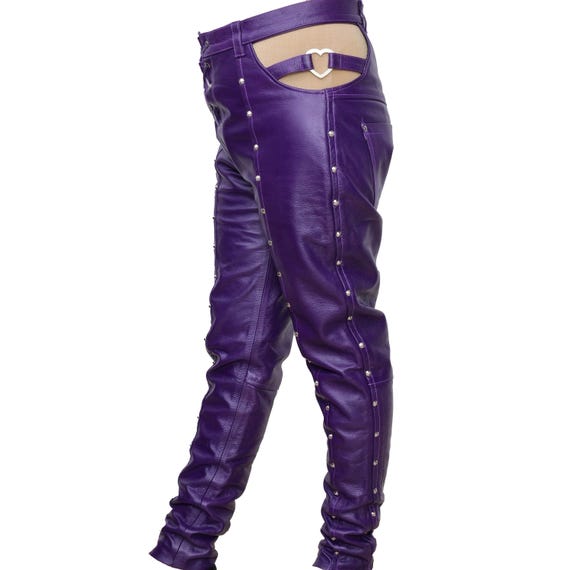 Women's Purple Studded Leather Pants - Genuine Cowhide Leather Biker Style, Gothic Rock Festival Fashion gift for her