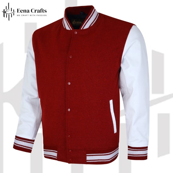 New Varsity letterman jacket for Men, Women and Kids Red Body White Sleeves and Banded Collar, Personalized Bomber Jack | Gifts for love