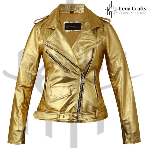 New Women Golden Leather Jacket metallic biker and stylish Real leather waist belt, Party Wear For Women, Fashion Leather Jacket