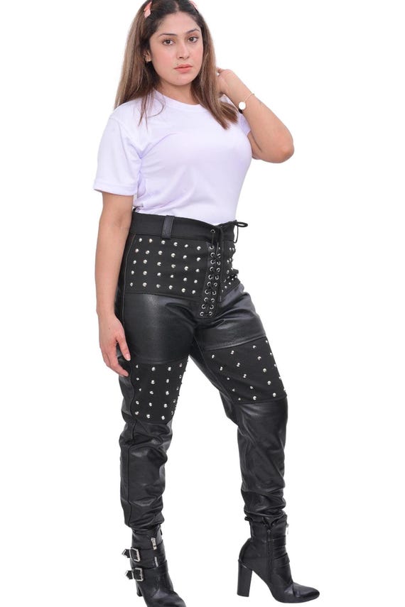 Women's Black Leather Studded Pant-Stylish Gothic Rocker Chic Real Leather Black Pant-New  Design Studded Gothic Rock Pant- gift for her