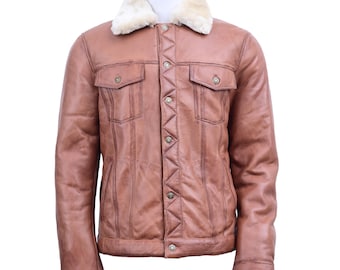 Men's Real Leather Bomber Jacket Premium Quality Shearling Aviator Style with Faux Fur Collar zipper &  Closure button, Leather Fur Jackets