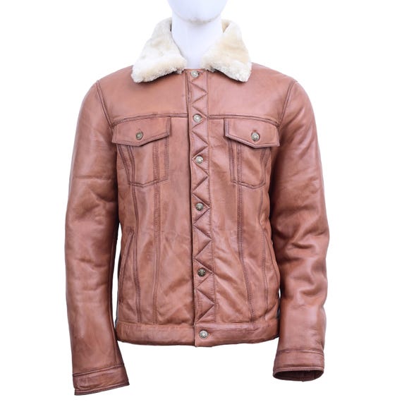 Men's Real Leather Bomber Jacket Premium Quality Shearling Aviator Style with Faux Fur Collar zipper &  Closure button, Leather Fur Jacket