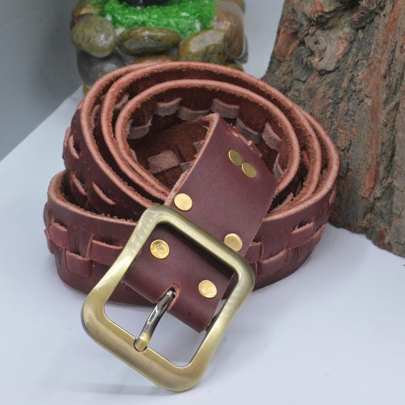 Men's Handmade Brown Leather Belt – Vintage Woven Style with Brass Buckle | Genuine Full Grain Cowhide Waist Belt Gift for Him