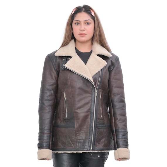 Women’s Faux Fur Leather Jacket - Brown Aviator Style, Warm & Stylish Outerwear for Winter