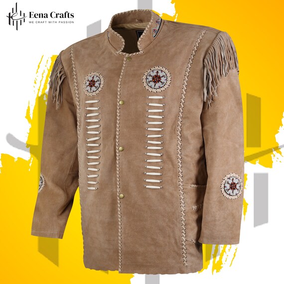 Western Leather Men Jacket, Native American Jacket with Handmade Beaded , Cowboy Fringe Shirt, Western Wear Real Soft Suede Leather Jacket