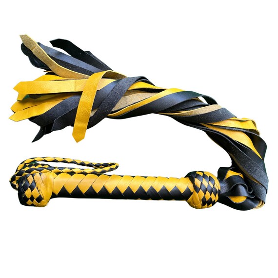 Eenacrafts Real Cowhide Leather Flogger 25 Tails yellow black Heavy Duty whip, Custom Leather Flogger, Gift for Couples