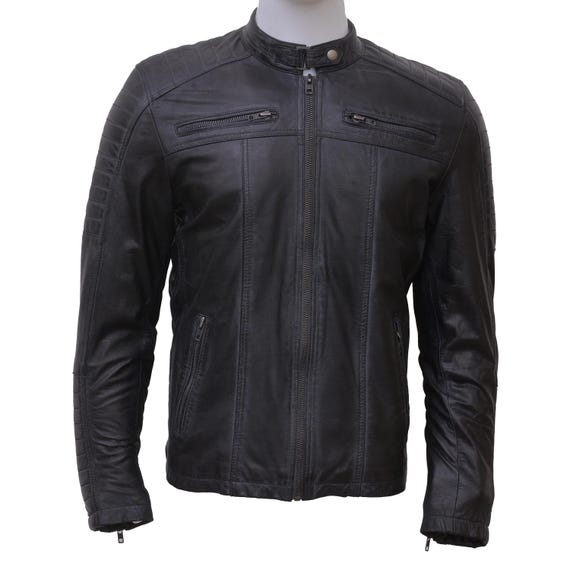 Men's Black Leather Biker Jacket–Slim Fit Style with Zipper Pockets & Quilted Shoulders