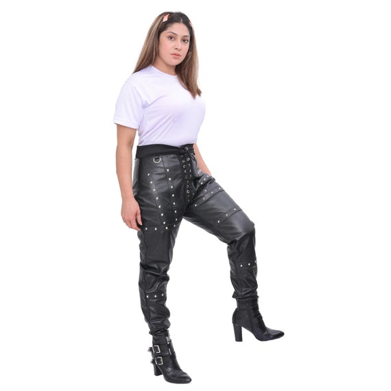 Women's Studded Black Leather Pants - Edgy Gothic Punk Rock Biker Style, Rebellious Night-Out Pants with Attitude and Studs